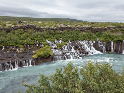 Хрёйнфоссар (Hraunfossar) — серия небольших водопадов (порядка 100) протяжённостью около 900 метров, вытекающих из лавового поля Хальдмундархрёйн (Hallmundarhraun). Фото Стасмир. Photo Stasmir.