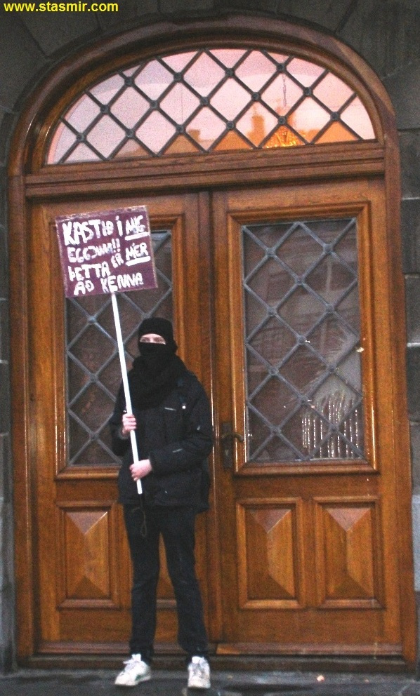 Исландская революция поварешек, Альтинги, протестант в маске перед Парламентом Исландии, фото Стасмир, photo Stasmir, Кидайте в меня яйца, это я во всем виноват!