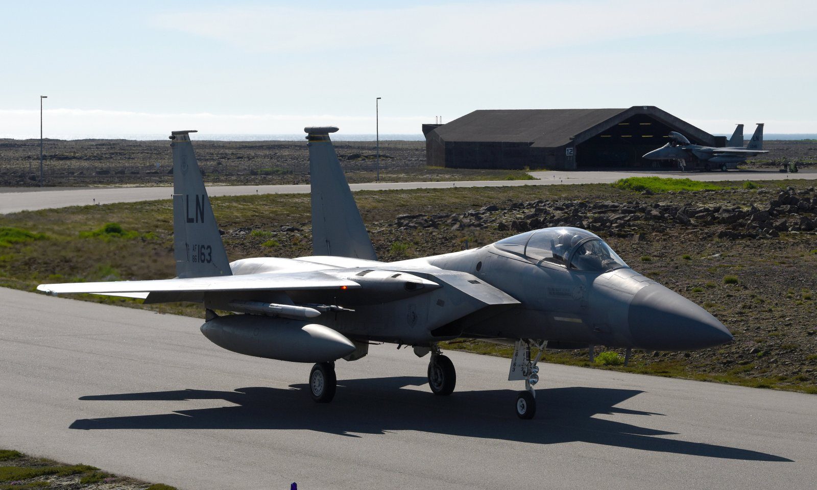 An F-15C Eagle assigned to the 493rd Expeditionary Fighter Squadron taxis down the flightline at Keflavik Air Base, Iceland, Aug. 1, 2018, in support of NATO’s Icelandic Air Surveillance mission. NATO allies deploy aircraft and personnel to support this critical mission three times a year, with the U.S. responsible for at least one rotation annually. (U.S. Air Force photo/Staff Sgt. Alex Fox Echols III)